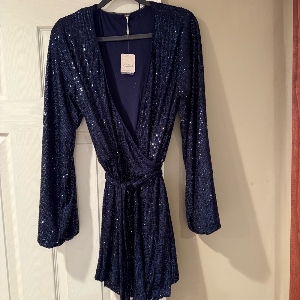 Free People Navy Sequin Wrap Dress